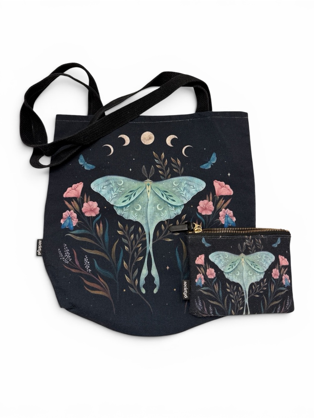Society6 Black Tote with Mint Green Luna Moth and Pink Floral Print